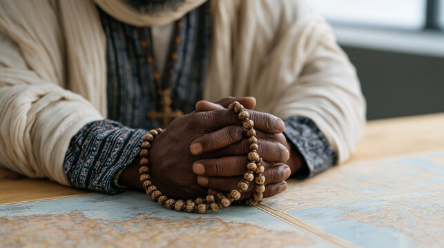 Weathered hands of an Ethiopian Orthodox deacon trembling while clutching old prayer beads during therapy, seated across from a counselor in a quiet clinic room, maps of trauma