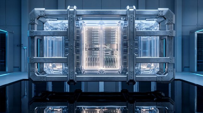 Futuristic computer server rack secured inside a heavy metallic reinforced cage within a sleek sterile data center