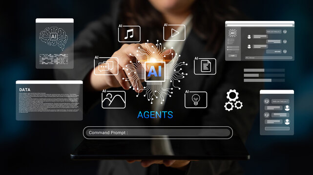 A dynamic business concept showcasing an interactive touchscreen displaying artificial intelligence icons and data visualizations in a professional setting. Cyphers