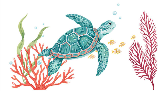 Whimsical sea turtle swimming among colorful coral and fish isolated on a transparent background