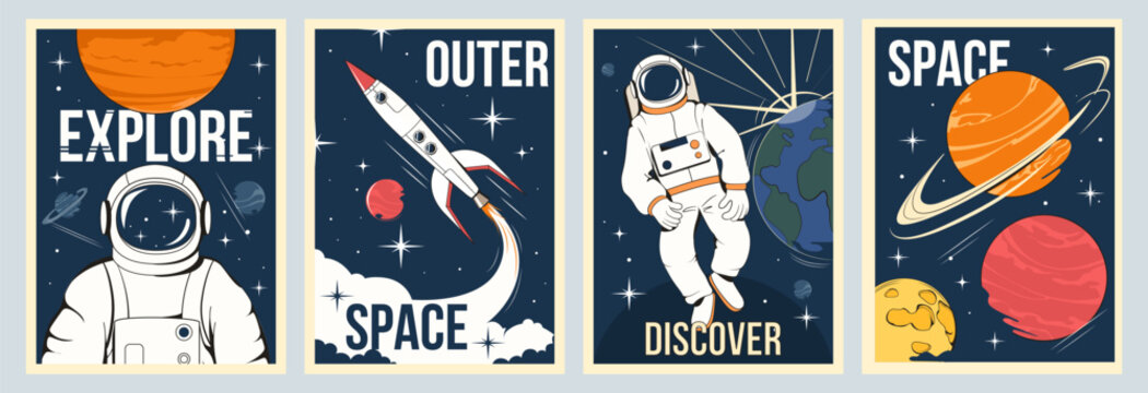 Space poster set with astronauts, rockets and planets in flat style on dark background, concept of discovery Vector illustration