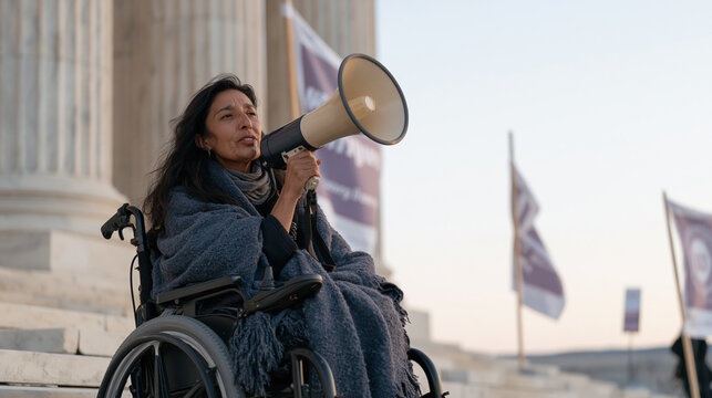 Advocacy campaign Capitol Hill steps at dawn, Roma disability rights advocate in power wheelchair addresses small media cluster through handheld bullhorn, low angle hero shot