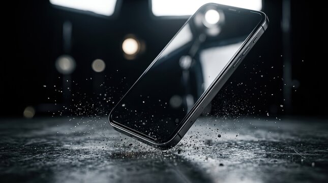 Slow-motion close-up of a premium smartphone tumbling from a hand onto a polished concrete floor, reinforced glass back catching the light, brushed aluminum frame, scattered dust particles, and a