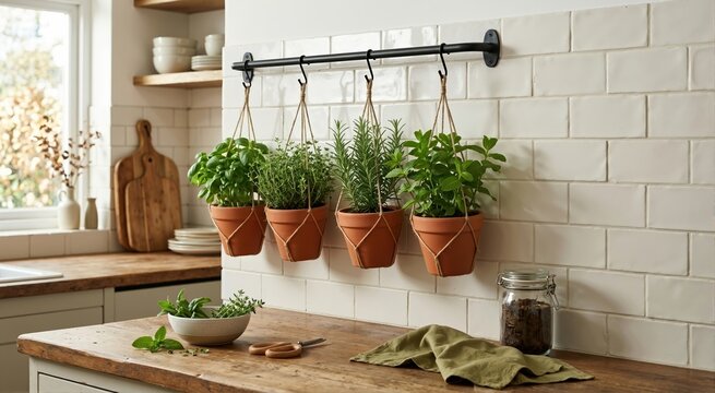 Fresh green herbs in hanging terracotta pots on a kitchen wall. Indoor gardening and sustainable lifestyle concept. Rustic wooden counter with scissors and bowl