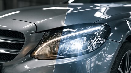 Fototapeta premium Car Headlight Restoration Before and After Showing Improved Clarity and Brightness for Safer Driving at Night
