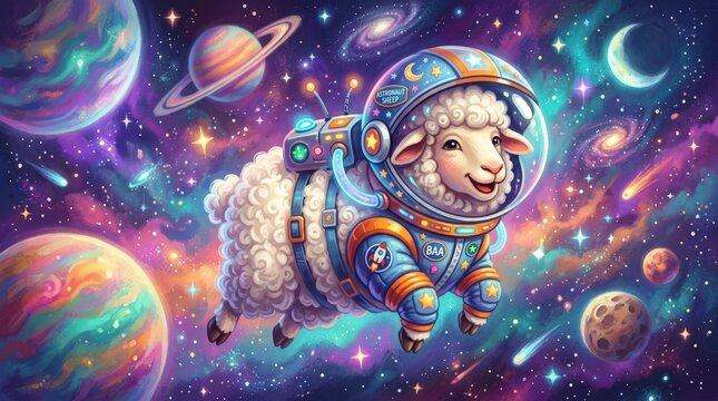 Whimsical digital painting of a sheep astronaut floating in space. Cute animal wearing a spacesuit among planets and stars. Cosmic exploration concept