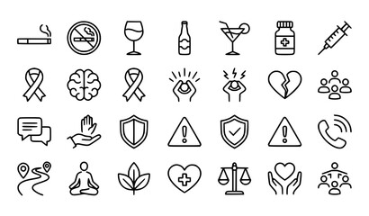 Fototapeta premium Substance Use Awareness and Mental Health Line Icons Vector Set