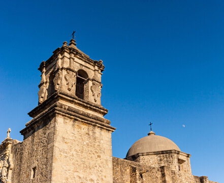 Bell Tower and Domed Sanctuary of The Mission San Jos&eacute; y San Miguel de Aguayo, San Antonio Missions National Historical Park, San Antonio, Texas, USA