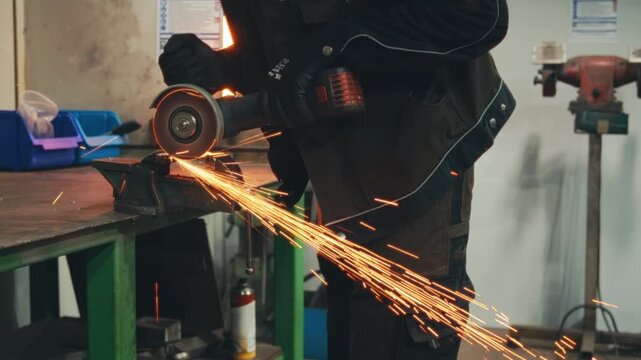Germany - 14.04.24: worker in uniform with protective glasses gloves cuts metal with angle grinder flex, sparks fly slow motion video. safety techniques at work using dangerous devices. close-up view