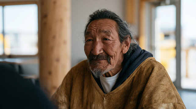 Inuit community elder being interviewed by a social worker in a community center, cultural assimilation pressure, indigenous identity, government integration program, generational