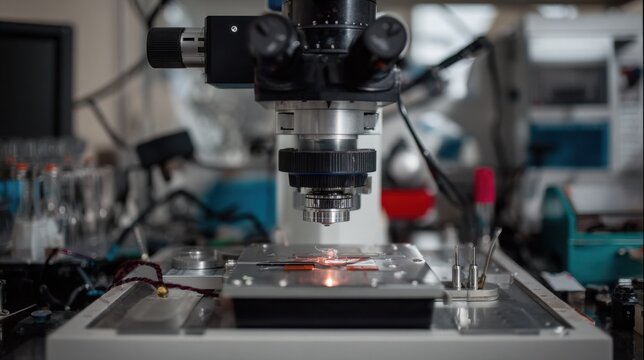 Focused view on microtome blade slicing thin sections from a surgical specimen surrounded by outoffocus lab equipment.