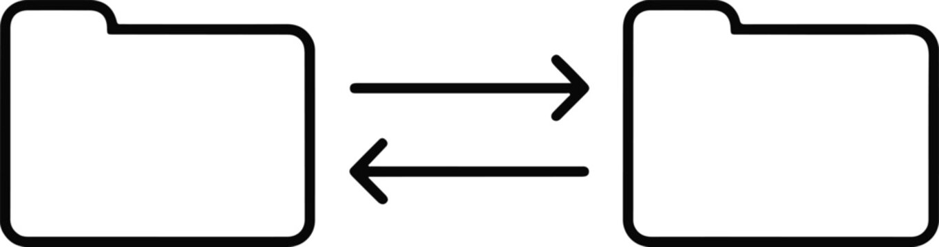 Two computer file folders with arrows showing data transfer or synchronization process between directories transfer directory exchange download