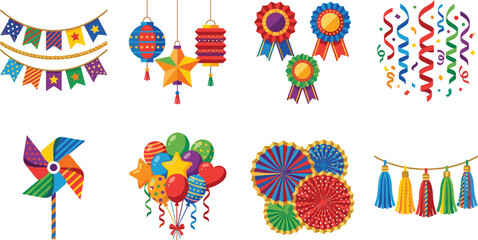 Obraz premium Colorful Festive Party Decoration Icons Set Featuring Balloons, Banners, Ribbons, Lanterns, and Streamers