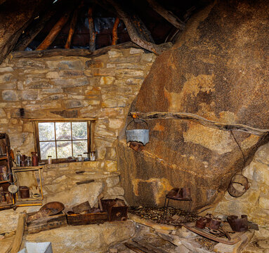 Old Miners Things Left In Place on The Interior of The Eagle Cliff Boulder House at Desert Queen Mine, Joshua Tree National Park, Califronia, USA