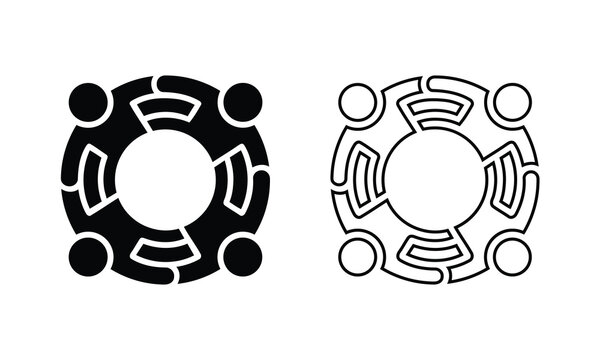Teamwork unity icon set with four people in a circle solid and outline silhouette vector graphic isolated on a white background