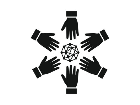 Global network partnership icon with six hands in a circle around connectivity node silhouette vector isolated on white background