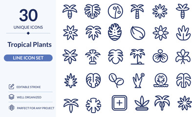 Tropical Plants Line Icons, 30 Editable Stroke Vector Icons for Botanical, Leaves and Indoor Plants © Nowsatjahan