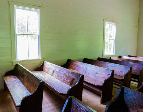 Empty Pews and The Interior of Historic Cades Cove Methodist Church, Cades Cove, Great Smoky Mountains National Park, Tennessee, USA
