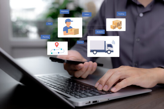 Shipment management with route planning, order tracking, parcel handling and fleet analytics, representing logistics coordination, delivery operations and supply chain visibility.
