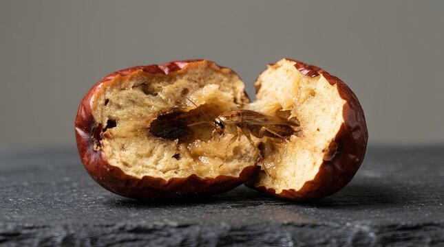 Halved dried red jujube fruit showing interior flesh and pit on dark stone surface background