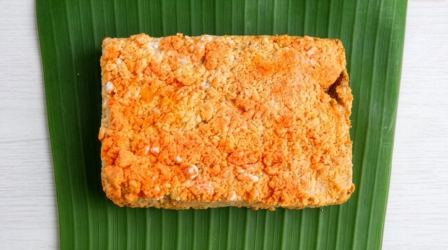 Traditional Indonesian red oncom fermented food on banana leaf top view