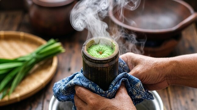 Steaming hot Indonesian kue putu bambu pandan in bamboo tube