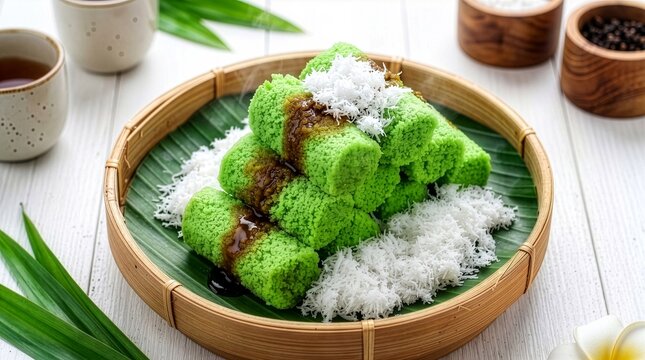 Stack of Indonesian putu ayu pandan cakes with grated coconut and palm sugar