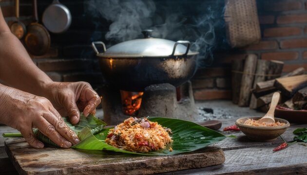 Indonesian woman wrapping botok grated coconut with spices in banana leaf over wood fire