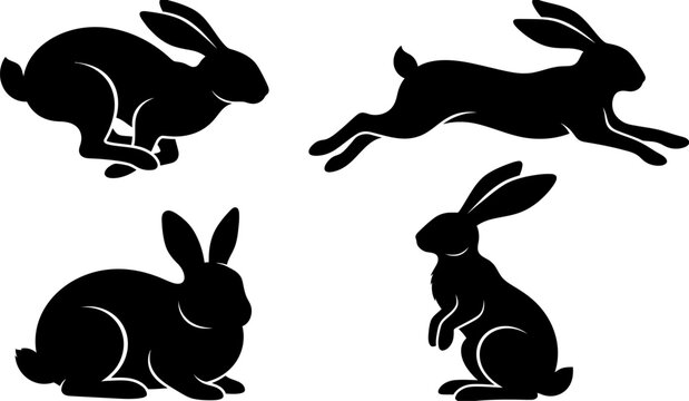 Set of black rabbit silhouettes in various movement poses with silhouette wildlife illustration isolated collection creature