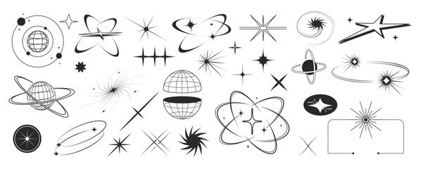 Various cosmic icons with stars and orbit shapes in minimal line art on white background expressing space concept. Vector illustration © GN.STUDIO