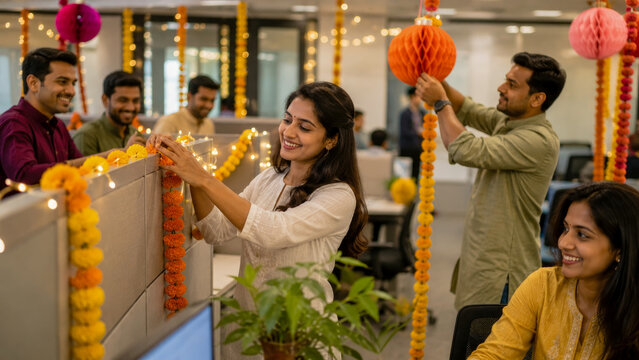 Happy Indian colleagues decorating modern office with colorful marigold flowers and festive lights to celebrate Diwali together with joy and team spirit in workplace