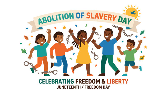 Juneteenth celebration illustration with diverse children breaking chains.