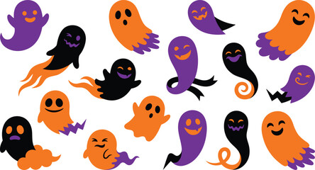 Obraz premium Halloween ghosts in orange purple and black on white background
