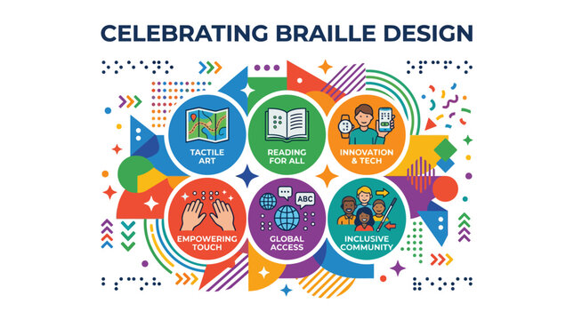 Braille design infographic with colorful accessibility icons.