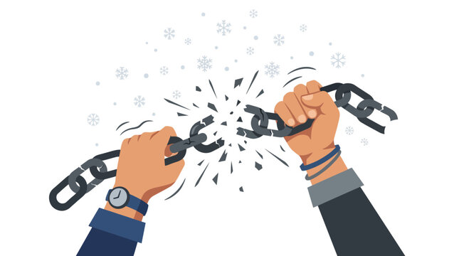 Hands breaking metal chains symbolizing freedom and liberation concept.