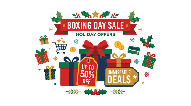 Boxing Day Sale banner with gifts and shopping icons.