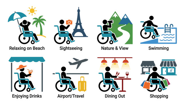 Wheelchair user accessibility activity icon set.