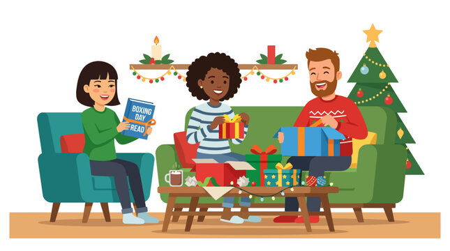 Diverse friends exchanging gifts near Christmas tree in living room.