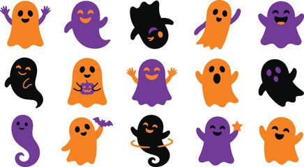 Fototapeta premium Festive halloween ghost characters collection in orange purple and black vector illustration
