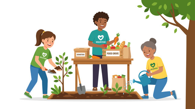 Volunteers gardening and organizing food donations at a center.