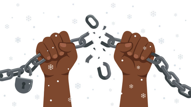 Detailed hands breaking heavy iron chains for freedom