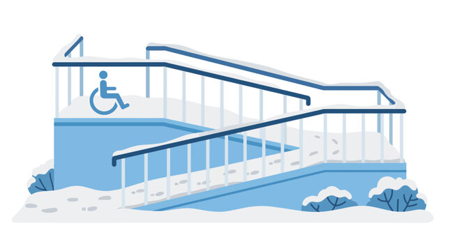 Modern building accessibility ramp with stairs in winter snow.