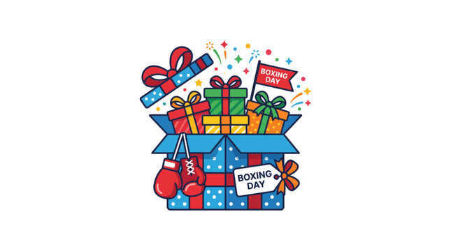 Boxing Day gift box with boxing gloves and presents.