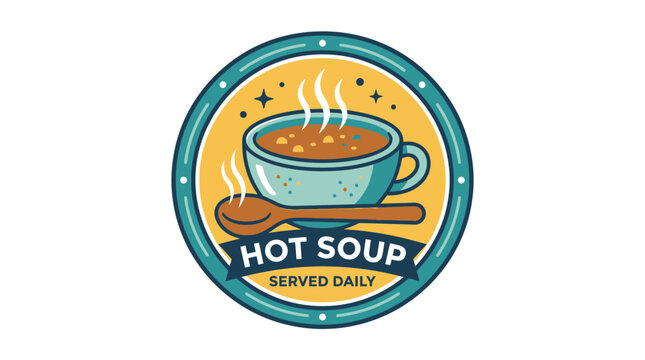 Circular hot soup badge with steaming bowl and spoon.
