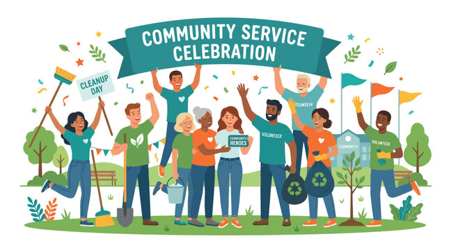 Group of diverse volunteers celebrating a community service event.