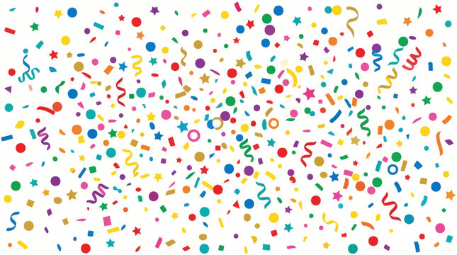 Multi-colored confetti and streamers scattered on white background.