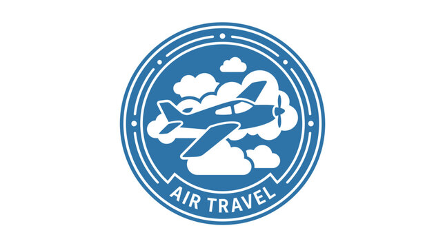 Circular air travel badge with propeller airplane icon.