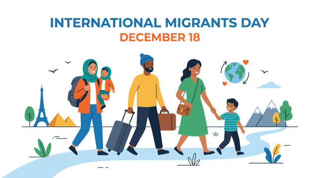 Diverse family of migrants walking with suitcases and bags.