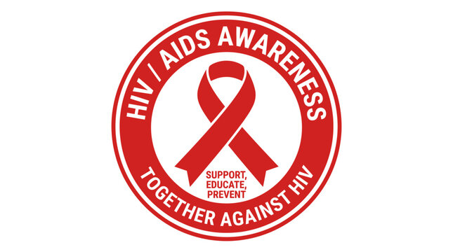 Round HIV AIDS awareness seal with red ribbon.