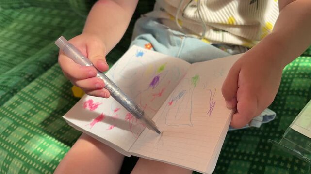 Child's hands holding a marker and scribbling colorful drawings in a small notebook